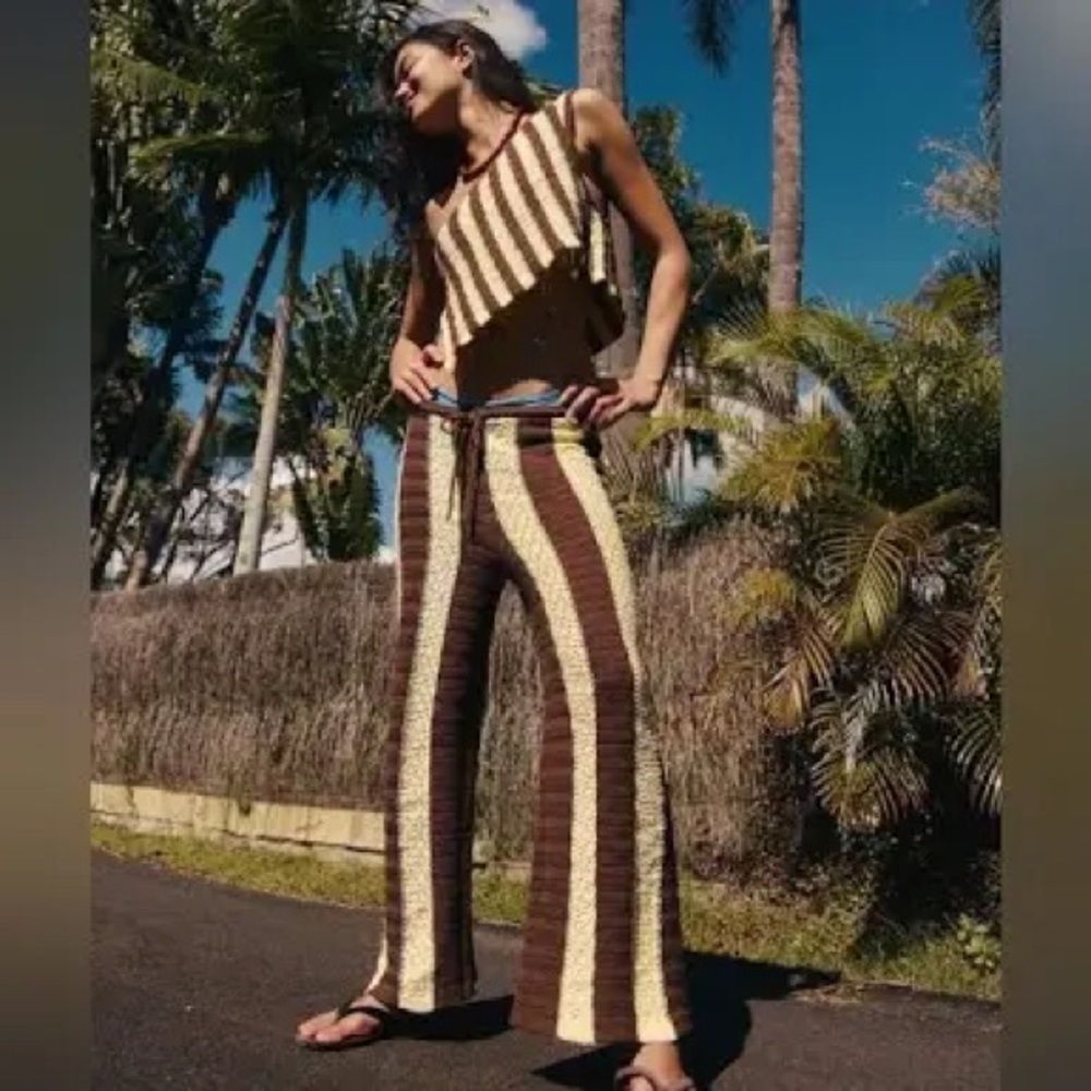Free People Striped Wide-Leg Jumpsuit in Brown and Cream